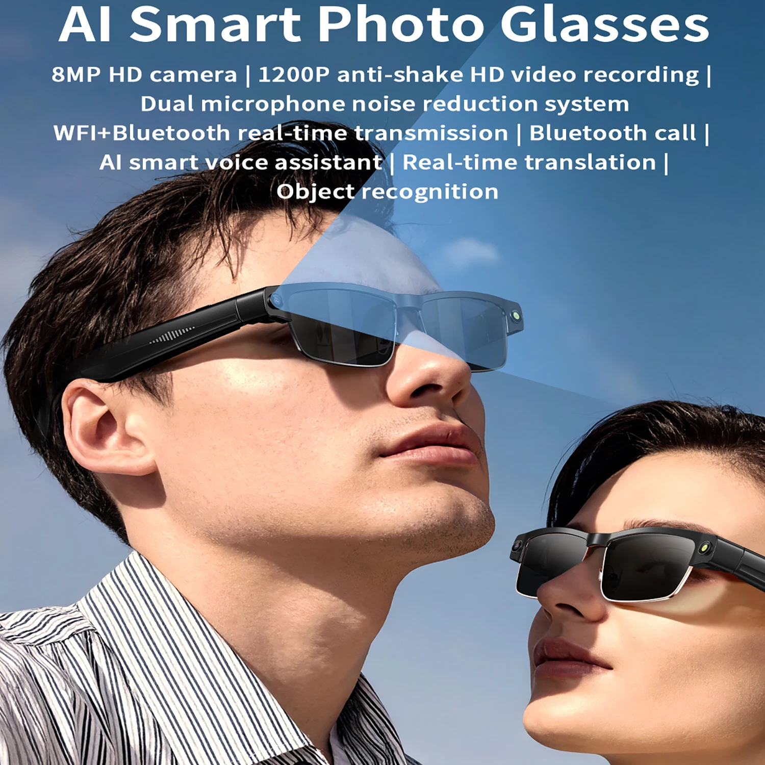 Солнцезащитные очки AI Smart Translate, Bluetooth-вызов, музыка, синхронное управление в реальном времени, голосовой помощник, умные очки
Солнцезащитные очки AI Smart Translate, Bluetooth-вызов, музыка, синхронное управление в реальном времени, голосовой помощник, умные очки
