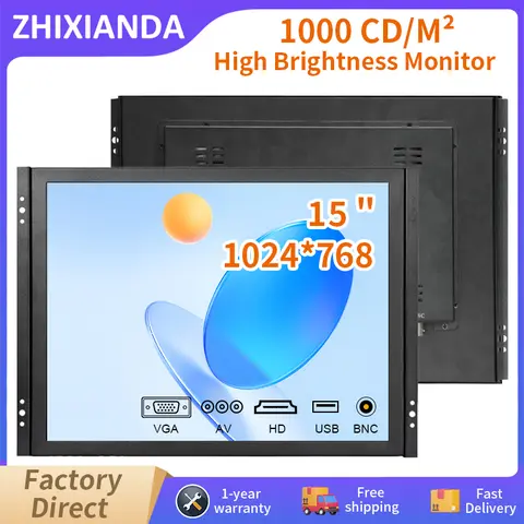 Zonlicht leesbaar 1000 nits 15 inch 1024 * 768 capacitief touchscreen open frame monitor LCD industrieel display met BNC AV HDMI