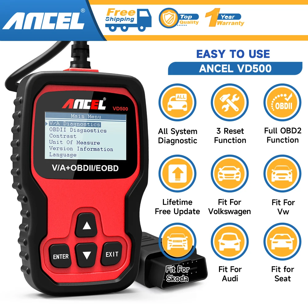 ANCEL VD500 OBD2 Автомобильные диагностические инструменты, всесистемный считыватель кодов, подушка безопасности, EPB, сброс масла, OBD 2, автомобильный сканер для VAG VW Audi Skoda
ANCEL VD500 OBD2 Автомобильные диагностические инструменты, всесистемный считыватель кодов, подушка безопасности, EPB, сброс масла, OBD 2, автомобильный сканер для VAG VW Audi Skoda