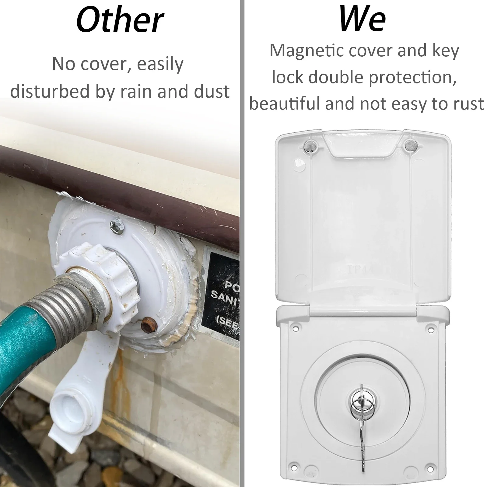 RV Gravity Water Fill Inlet with Cover, Fresh Water Entry Port with Magnetic Square Cap and Keyed Lock
RV Gravity Water Fill Inlet with Cover, Fresh Water Entry Port with Magnetic Square Cap and Keyed Lock