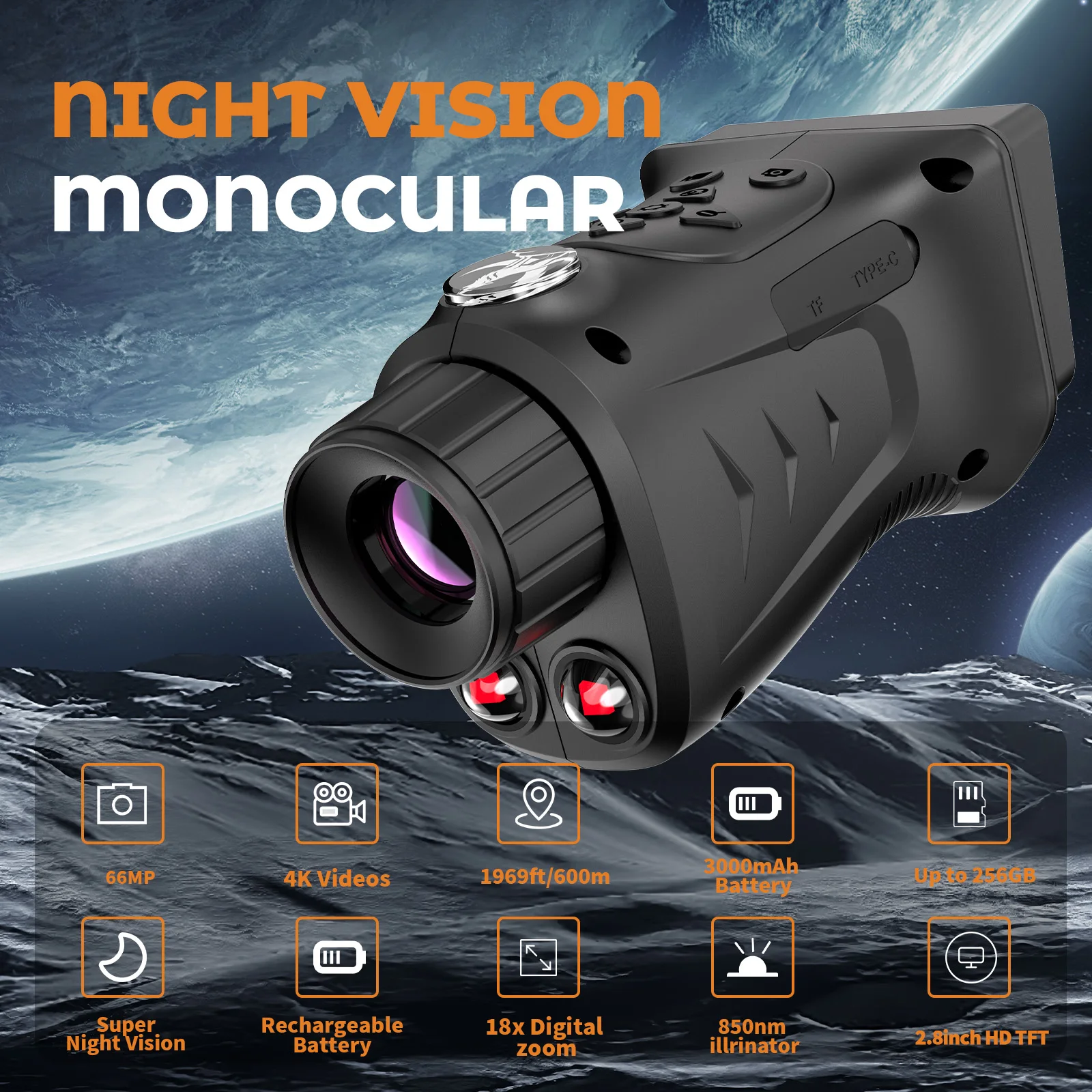 Night vision monocular telescope, 18x zoom, 2.8-inch screen, suitable for outdoor exploration camping and animal observation
Night vision monocular telescope, 18x zoom, 2.8-inch screen, suitable for outdoor exploration camping and animal observation