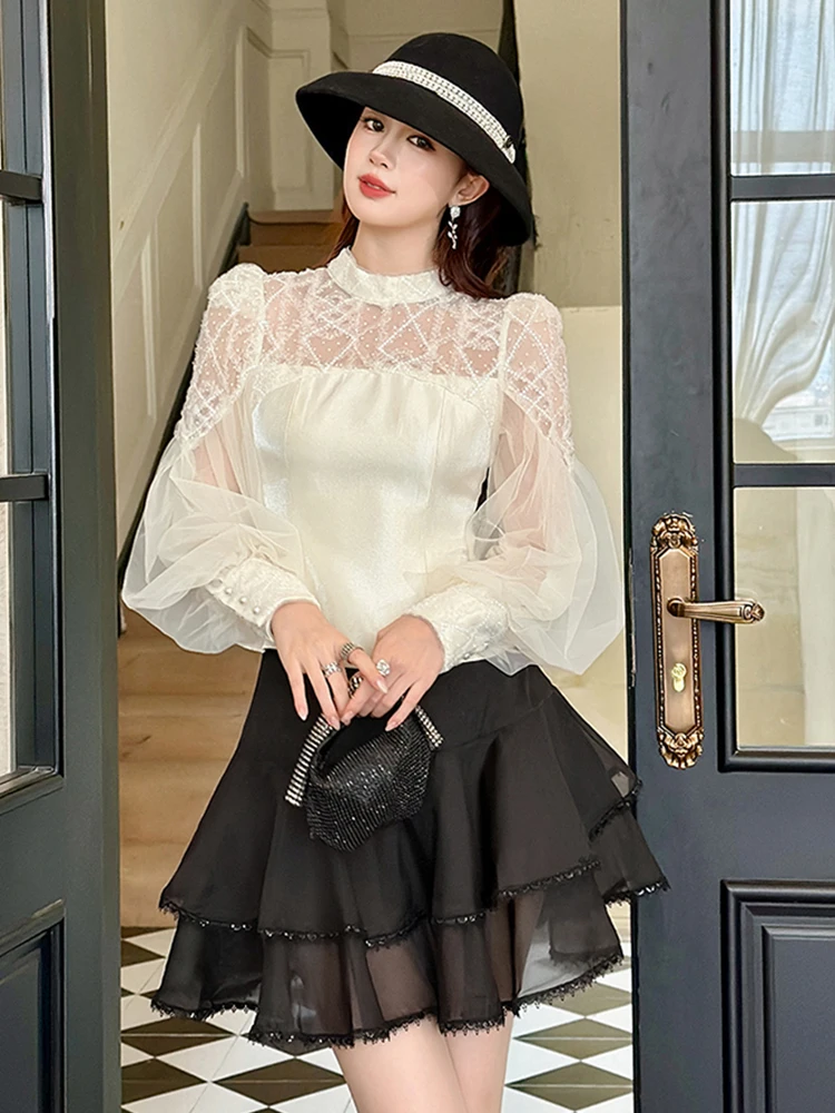 Spring Women Elegant Short Tops Sheer Mesh Lantern Sleeve Blouse Sexy Sequin Slim Party Shirts Lady Fashion Clothes Formal New
Spring Women Elegant Short Tops Sheer Mesh Lantern Sleeve Blouse Sexy Sequin Slim Party Shirts Lady Fashion Clothes Formal New