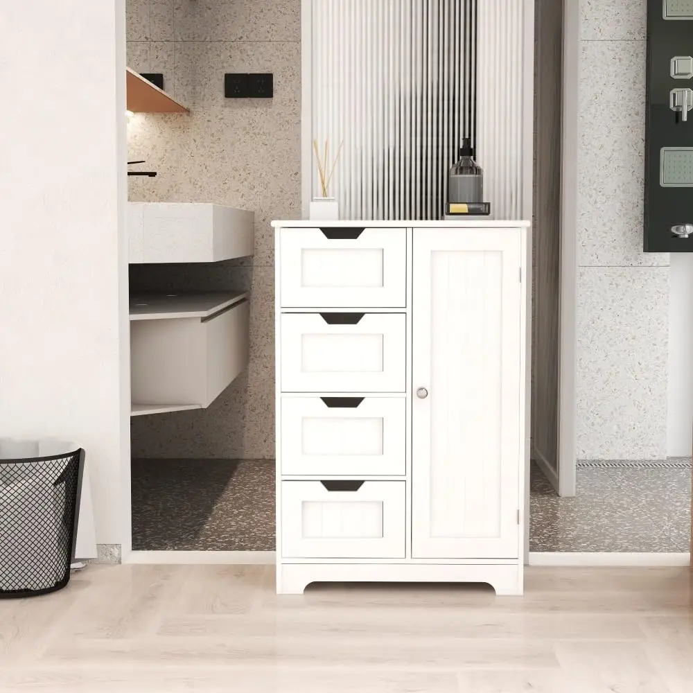 White Bathroom Floor Cabinet 4 Drawers 1 Door Adjustable Shelves Moisture-Resistant Storage, Customized
White Bathroom Floor Cabinet 4 Drawers 1 Door Adjustable Shelves Moisture-Resistant Storage, Customized