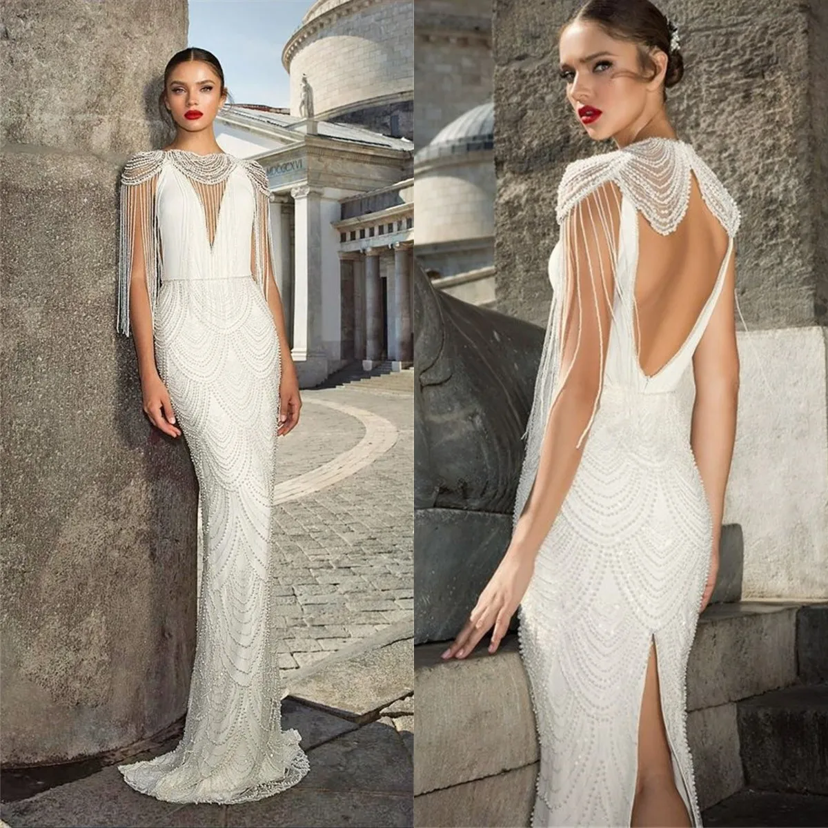 Luxury Pearls Mermaid Wedding Dress Tassel Backless Back Split Designer Bridal Gown Custom Made Boho Beach Robes De Mariée
Luxury Pearls Mermaid Wedding Dress Tassel Backless Back Split Designer Bridal Gown Custom Made Boho Beach Robes De Mariée