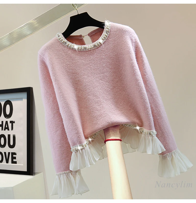 Chiffon Spliced Ruffle Edge Knitted Sweater Women Spring Winter Korean Bead-set Diamond Crew Neck Long-sleeved Sweater Pink Top
Chiffon Spliced Ruffle Edge Knitted Sweater Women Spring Winter Korean Bead-set Diamond Crew Neck Long-sleeved Sweater Pink Top