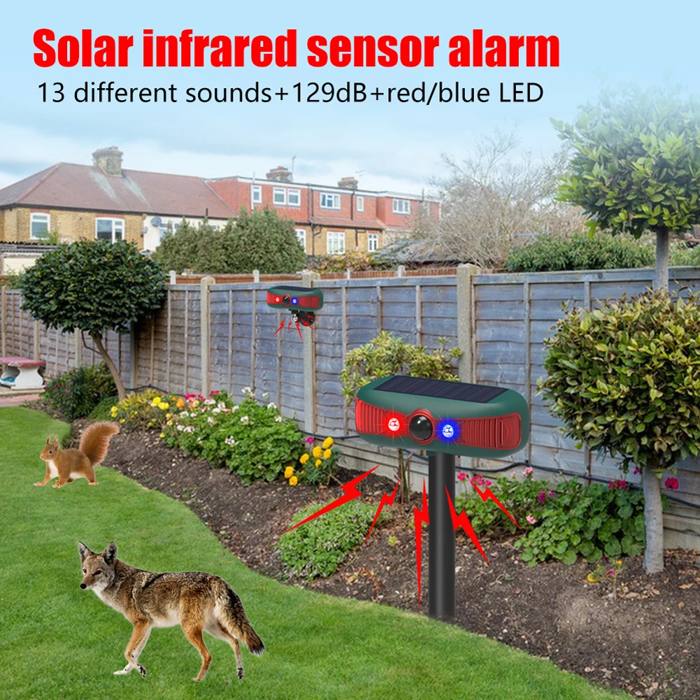 Solar Animal Repeller Animal Repellent Alarm 4 Modes Solar Powered Animal Deterrent IP55 Waterproof for Raccoons Rabbits Foxes