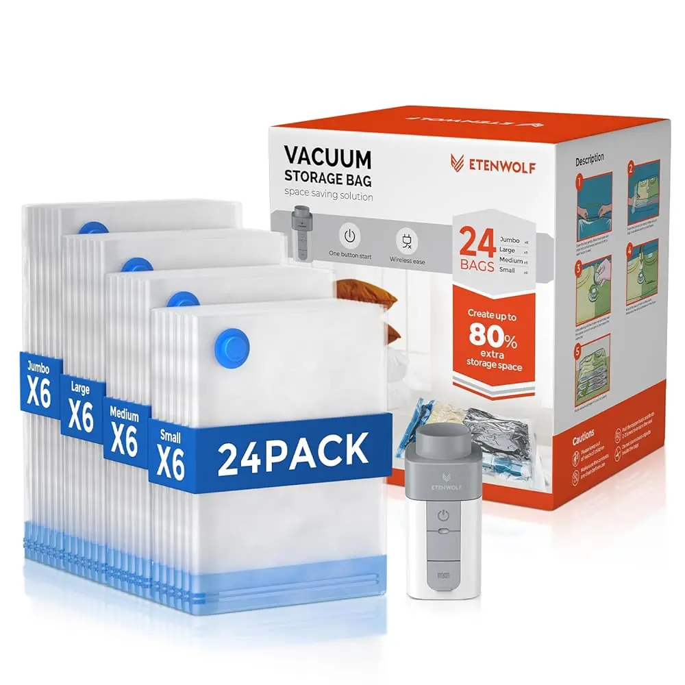 Free Shipping24 Pack Vacuum Storage Bags with Rechargeable Wireless Pump, Vacuum Seal Bags for Clothes and Travel, Space Saver
Free Shipping24 Pack Vacuum Storage Bags with Rechargeable Wireless Pump, Vacuum Seal Bags for Clothes and Travel, Space Saver
