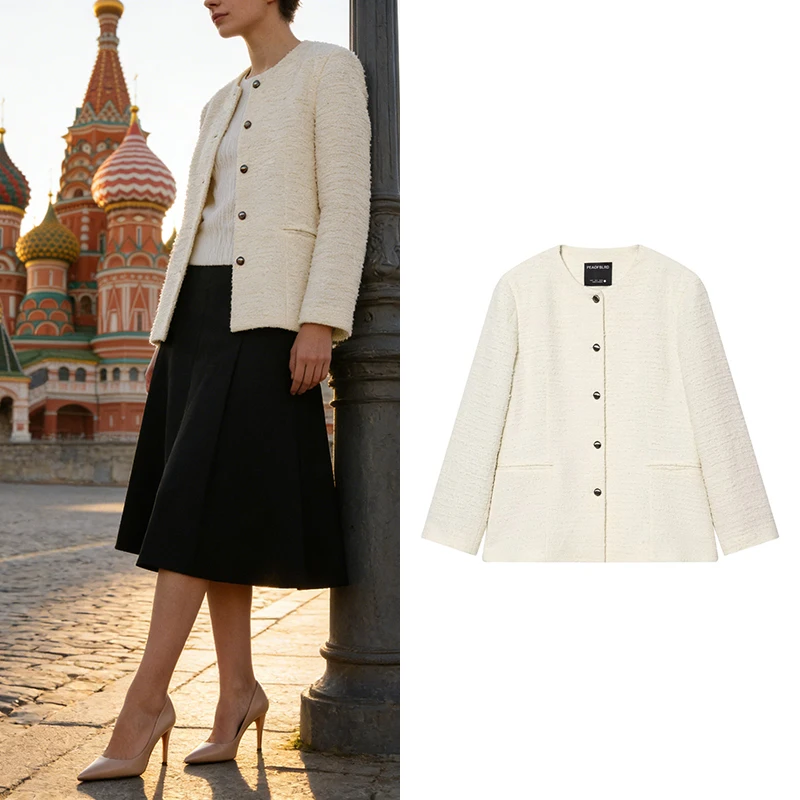 Women's Cream Tweed Blazer - Round Neck Single-Breasted Casual Jacket, Fashionable Chanel-Style Ladies' Short Coat
Women's Cream Tweed Blazer - Round Neck Single-Breasted Casual Jacket, Fashionable Chanel-Style Ladies' Short Coat