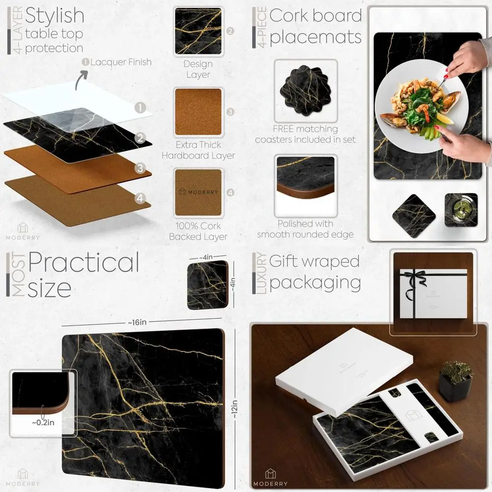 Термостойкие подставки под тарелки из пробки под мрамор, набор из 4 штук, 16x12 дюймов, с черно-золотым дизайном
Термостойкие подставки под тарелки из пробки под мрамор, набор из 4 штук, 16x12 дюймов, с черно-золотым дизайном