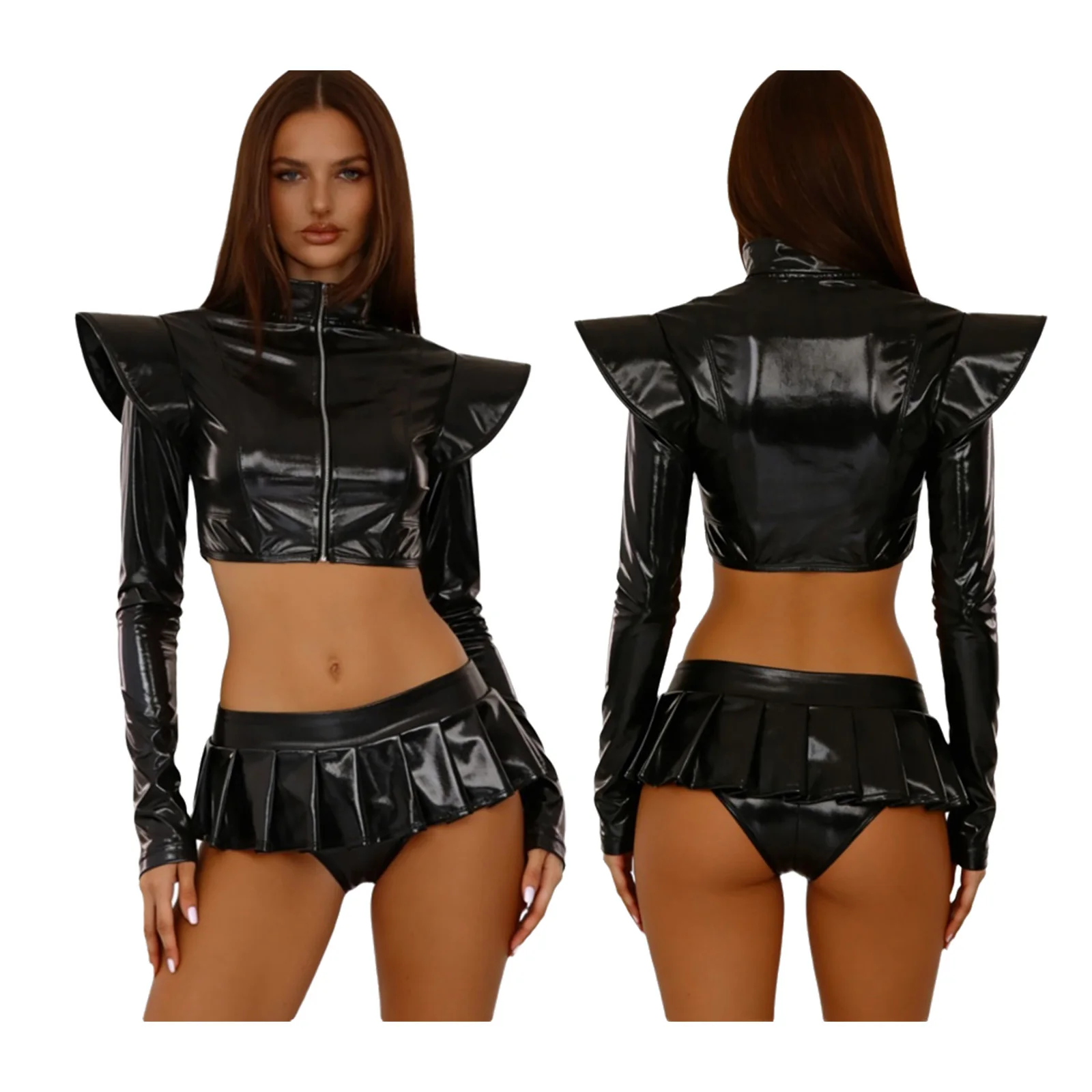 Women Two-pieces Shiny Astronaut Alien Cosplay Outfit Metallic Crop Jacket And Pleated Mini Skirt Culottes for Halloween Party
Women Two-pieces Shiny Astronaut Alien Cosplay Outfit Metallic Crop Jacket And Pleated Mini Skirt Culottes for Halloween Party
