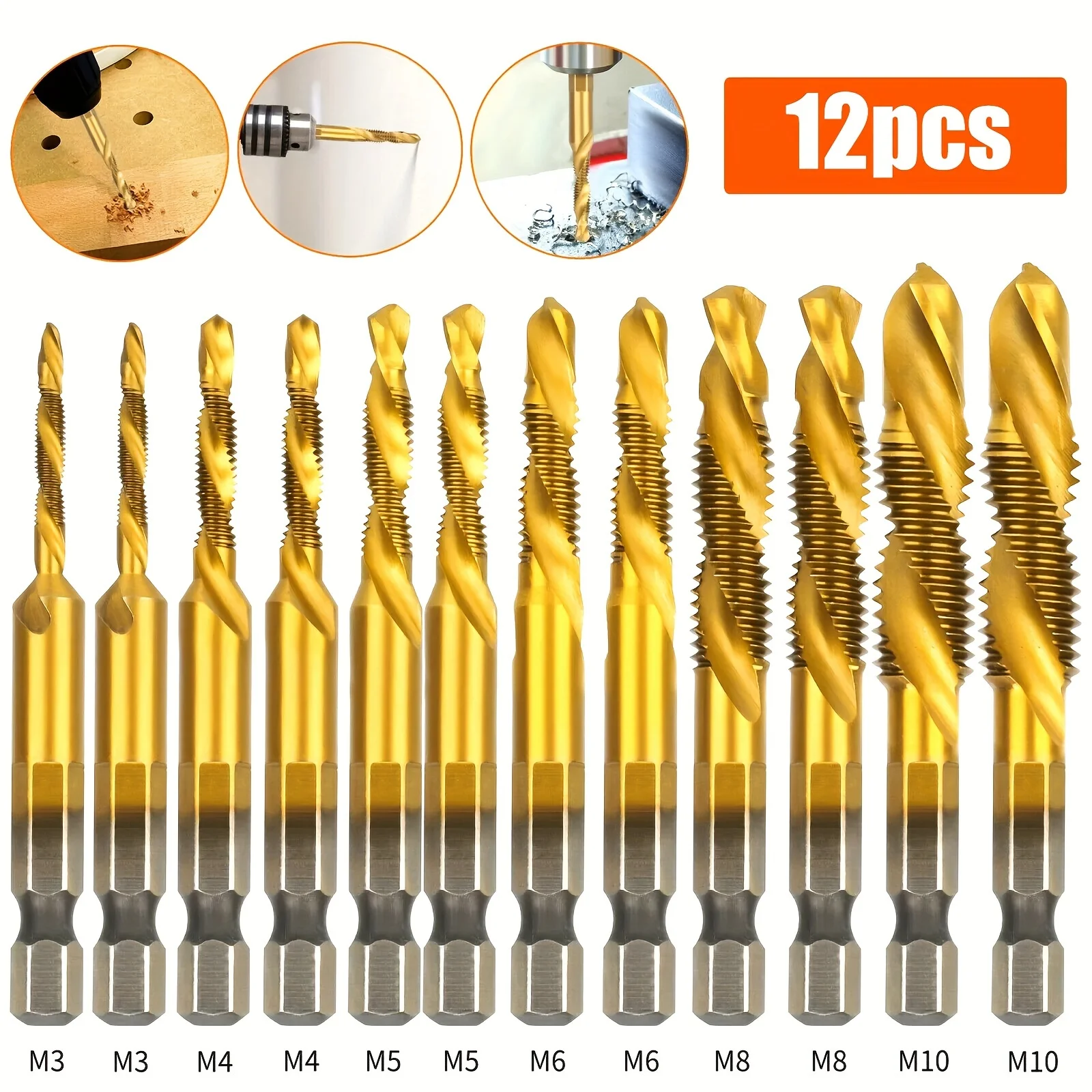 12Pcs Hss Tap Drill Bit Set Metric Thread Drills, M3 To M10 Sizes For Drilling And Tapping Titanium Plated Composite Tap
12Pcs Hss Tap Drill Bit Set Metric Thread Drills, M3 To M10 Sizes For Drilling And Tapping Titanium Plated Composite Tap