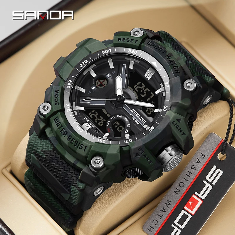 

Sanda 3355 military style camouflage multifunctional watch, fashionable and cool alarm clock, waterproof electronic watch