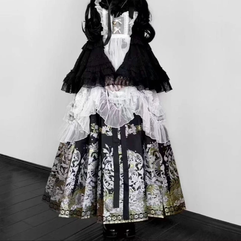 Gothic Lolita Two-Piece Set Women Vintage Floral Print Horse-Face Skirt Ruffled Lace Blouse Elegant Harajuku Streetwear 2026 New
Gothic Lolita Two-Piece Set Women Vintage Floral Print Horse-Face Skirt Ruffled Lace Blouse Elegant Harajuku Streetwear 2026 New