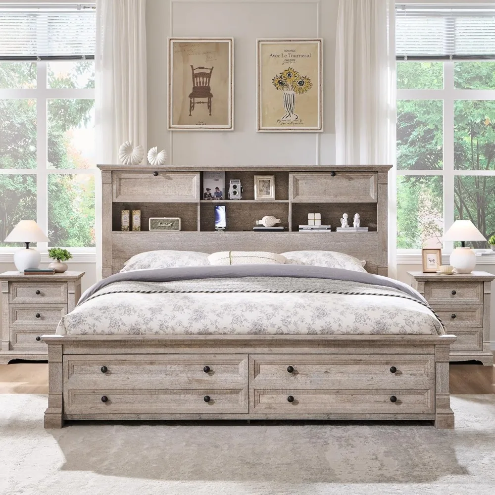 King Size Farmhouse Bed Frame with Tall Storage Bookcase Headboard, Decorative Roman Column Footboard, and Storage Drawers
King Size Farmhouse Bed Frame with Tall Storage Bookcase Headboard, Decorative Roman Column Footboard, and Storage Drawers