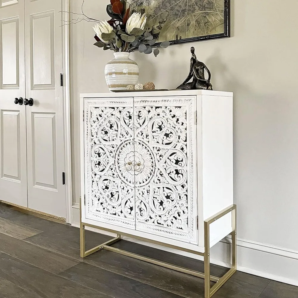 White Accent Cabinet with Doors, Hollow Carved Small Buffet Sideboard, 2 Door Storage Cabinets
White Accent Cabinet with Doors, Hollow Carved Small Buffet Sideboard, 2 Door Storage Cabinets