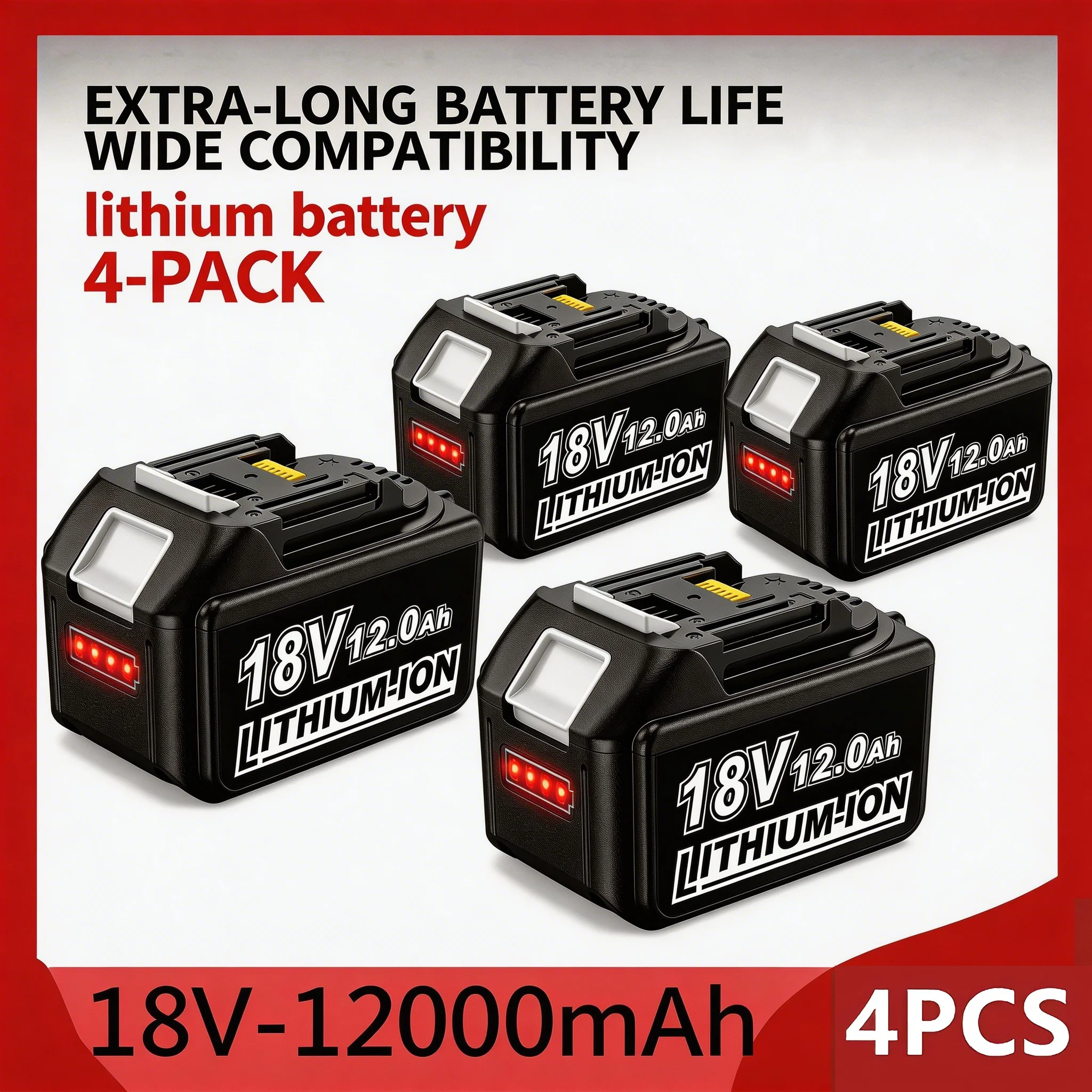 18V 12.0Ah High-Capacity Rechargeable Lithium Battery (with LED Power Indicator), Compatible with Makita Cordless Power Tools
18V 12.0Ah High-Capacity Rechargeable Lithium Battery (with LED Power Indicator), Compatible with Makita Cordless Power Tools