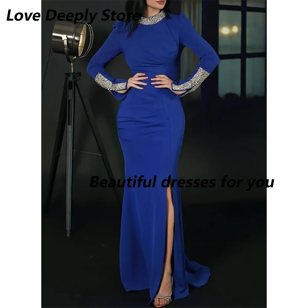 Royal Blue Evening Dress Customized Round Neck Crystal Elastic Satin Prom Dresses High Split Formal Occasion Gown 2025
Royal Blue Evening Dress Customized Round Neck Crystal Elastic Satin Prom Dresses High Split Formal Occasion Gown 2025