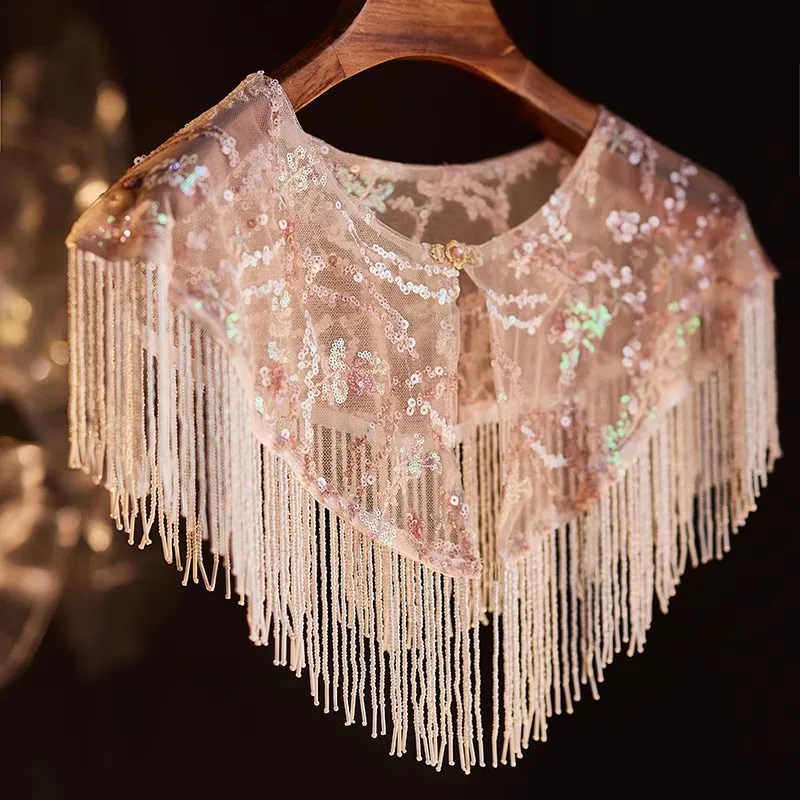 Women's Spring Summer Vintage Sequins Lace Tassel Pashmina Female Chinese Style Show Party Shawl Cloak Collar R2751
Women's Spring Summer Vintage Sequins Lace Tassel Pashmina Female Chinese Style Show Party Shawl Cloak Collar R2751