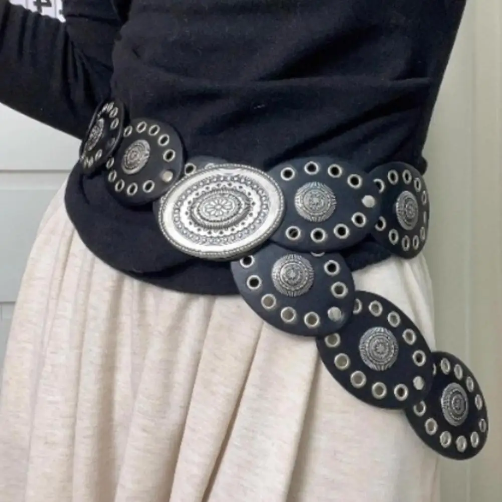 Women Belt Round Buckle Wide Eyelets Faux Leather Belts Adjustable Belt Exaggerated Round Shape Hollow Disc Waist Belt
Women Belt Round Buckle Wide Eyelets Faux Leather Belts Adjustable Belt Exaggerated Round Shape Hollow Disc Waist Belt