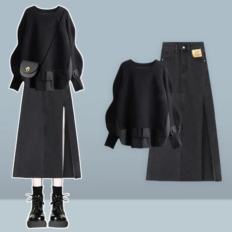 Women's Spring Autumn New Vintage Dress Matching Set Korean Elegant Fake Two-piece Long-sleeved Knit Sweater+Denim Skirt Suit
Women's Spring Autumn New Vintage Dress Matching Set Korean Elegant Fake Two-piece Long-sleeved Knit Sweater+Denim Skirt Suit