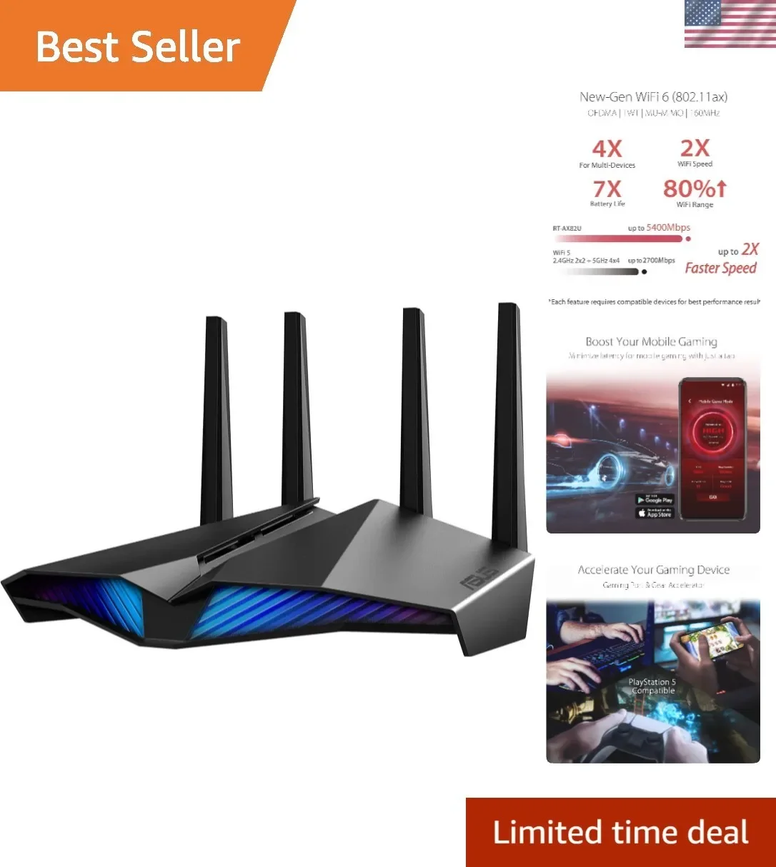 Игровой маршрутизатор RT-AX82U с поддержкой двухдиапазонного Wi-Fi 6, ускорением игр, поддержкой Mesh-сетей, Ded...
Игровой маршрутизатор RT-AX82U с поддержкой двухдиапазонного Wi-Fi 6, ускорением игр, поддержкой Mesh-сетей, Ded...