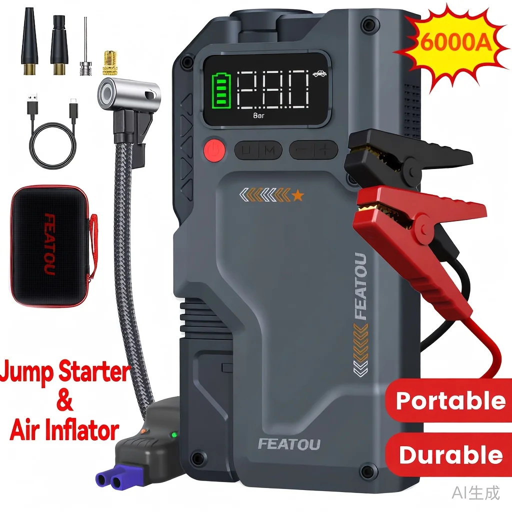 6000A Jump Starter with Air Compressor, 7in 1 Function Jump Box 150PSI Jump Starter Battery Pack with Digital Tire Inflator, Car Battery Charger Portable for 2.64gal Gas Or2.38gal Diesel Battery Charger, Car Jumper Starter Portable, 6000A& 8000A
6000A Jump Starter with Air Compressor, 7in 1 Function Jump Box 150PSI Jump Starter Battery Pack with Digital Tire Inflator, Car Battery Charger Portable for 2.64gal Gas Or2.38gal Diesel Battery Charger, Car Jumper Starter Portable, 6000A& 8000A