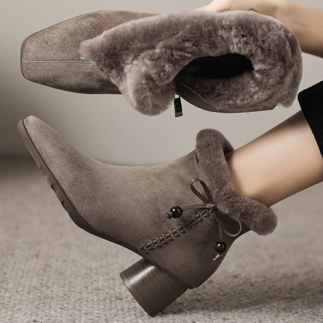 Women's suede leather side zip sweet bowtie wool inside winter ankle snow boots 5cm round med heel elegant ladies warm booties
Women's suede leather side zip sweet bowtie wool inside winter ankle snow boots 5cm round med heel elegant ladies warm booties