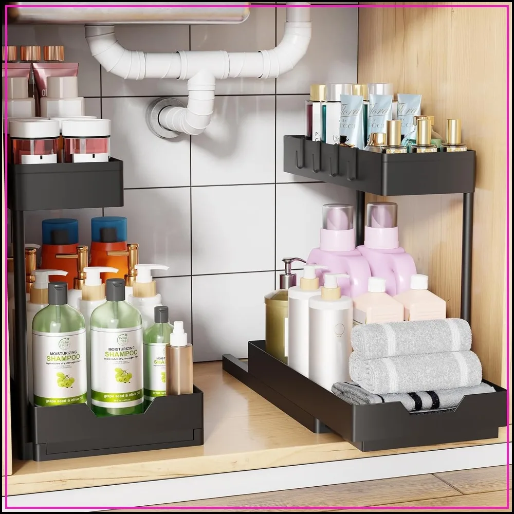 Simple Trending Under Sink Organizer 2 Pack, 2 Tier Cabinet Organizer with Sliding Basket, Multi-Purpose Sink Storage Basket with 4 Hooks for Kitchen Bathroom
Simple Trending Under Sink Organizer 2 Pack, 2 Tier Cabinet Organizer with Sliding Basket, Multi-Purpose Sink Storage Basket with 4 Hooks for Kitchen Bathroom