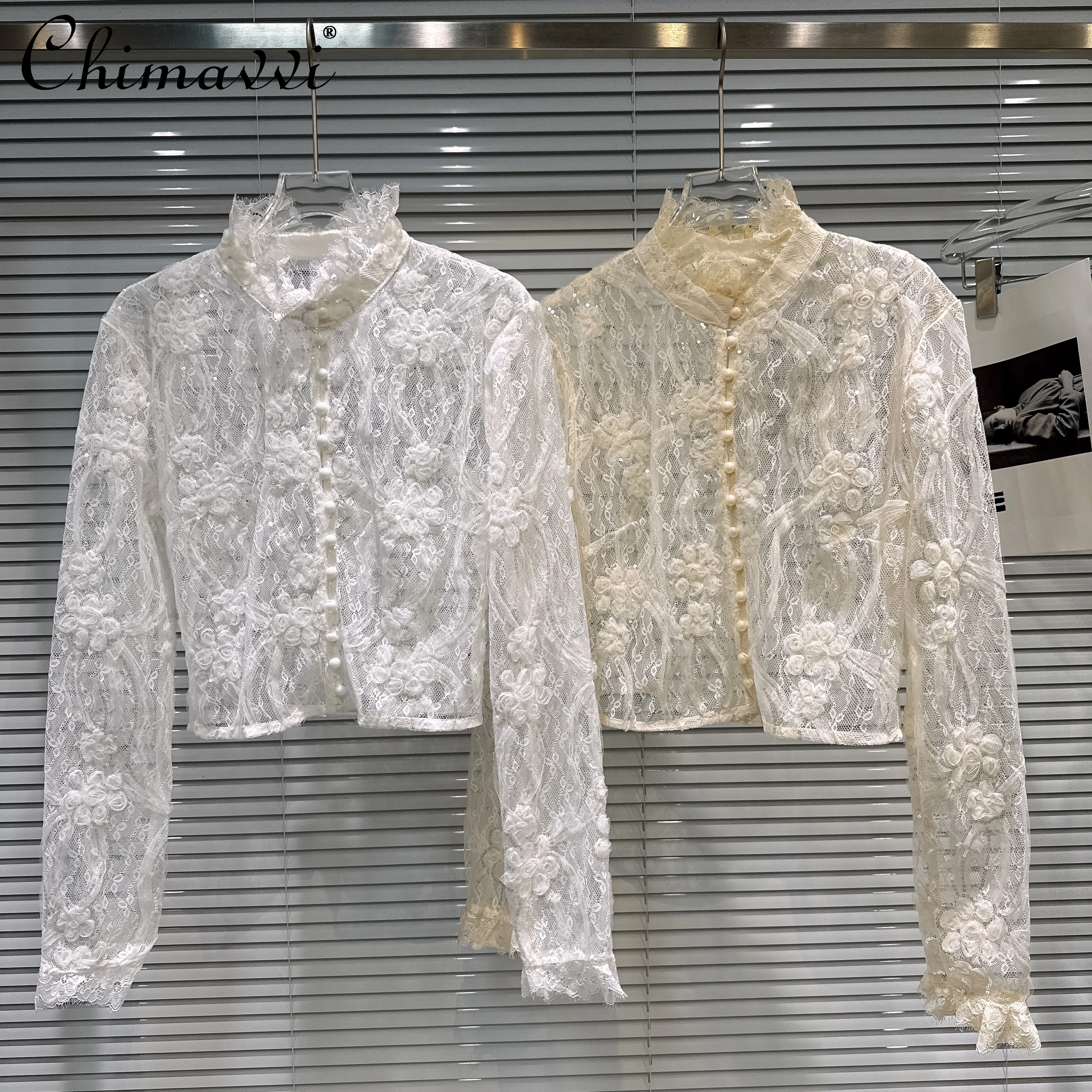 French Elegant Socialite Versatile Lace Blouse Stand Collar Long Sleeve Sequin Crochet Hollow Sweet Shirts Tops for Women Winter
French Elegant Socialite Versatile Lace Blouse Stand Collar Long Sleeve Sequin Crochet Hollow Sweet Shirts Tops for Women Winter