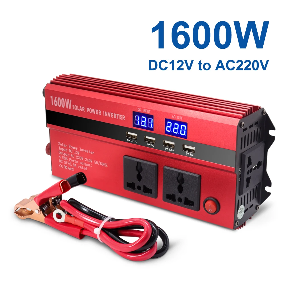 1600W Power Inverter DC 12V to AC 220V Car Charger with LED Display 6.8A 4 USB Ports 3 * 220VAC Universal Sockets
1600W Power Inverter DC 12V to AC 220V Car Charger with LED Display 6.8A 4 USB Ports 3 * 220VAC Universal Sockets