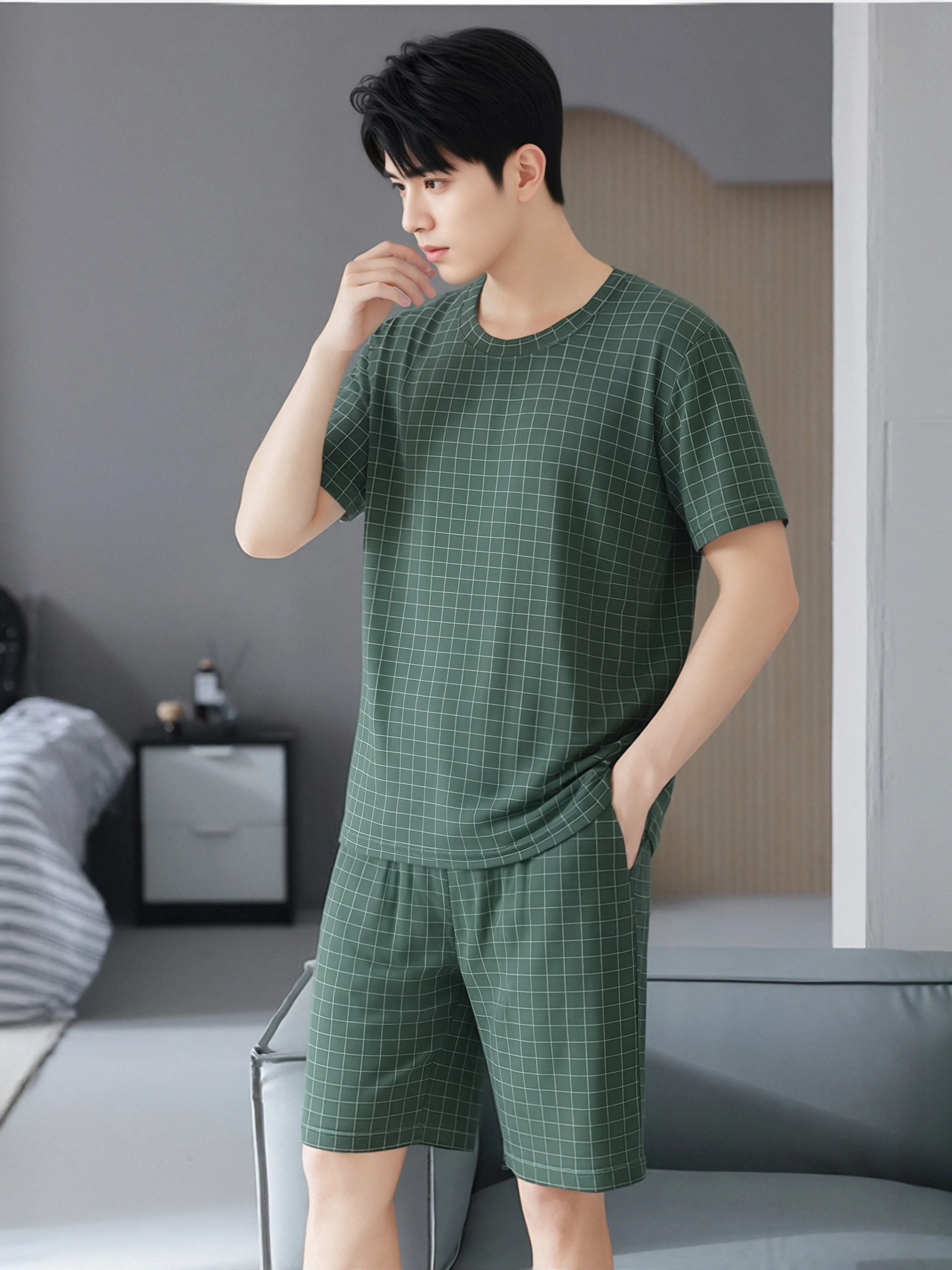 Men's Modal T-Shirt Shorts Set Summer round Neck Plaid Short Sleeve Sleepwear Home Clothes Outdoor Sports Set Loose Fit Two-P...
Men's Modal T-Shirt Shorts Set Summer round Neck Plaid Short Sleeve Sleepwear Home Clothes Outdoor Sports Set Loose Fit Two-P...