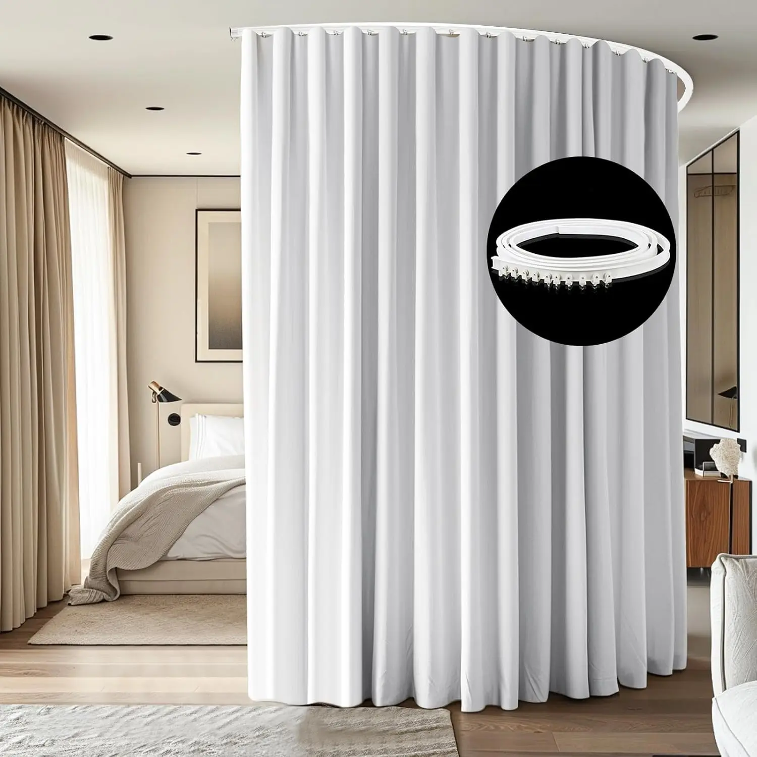 Ceiling Mounted Blackout Curtain Track Set for Room Privacy, Flexible Installation, White Drape and Rail
Ceiling Mounted Blackout Curtain Track Set for Room Privacy, Flexible Installation, White Drape and Rail
