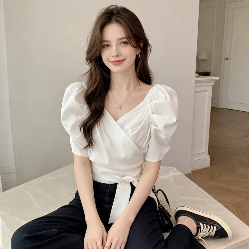 Tops Women Top V Neck Puff Sleeve Shirt Y2k Streetwear Solid Slim Fit Lace Up Elegant Splice Tight Waist Casual Work 2026 summer
Tops Women Top V Neck Puff Sleeve Shirt Y2k Streetwear Solid Slim Fit Lace Up Elegant Splice Tight Waist Casual Work 2026 summer