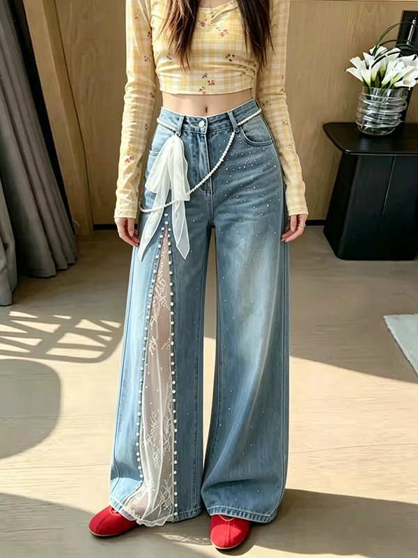 High Waist Wide Leg Straight Cut Jeans Women's Summer New Style Loose Fit Slimming Pants Lace Patchwork Design Blue Denim
High Waist Wide Leg Straight Cut Jeans Women's Summer New Style Loose Fit Slimming Pants Lace Patchwork Design Blue Denim