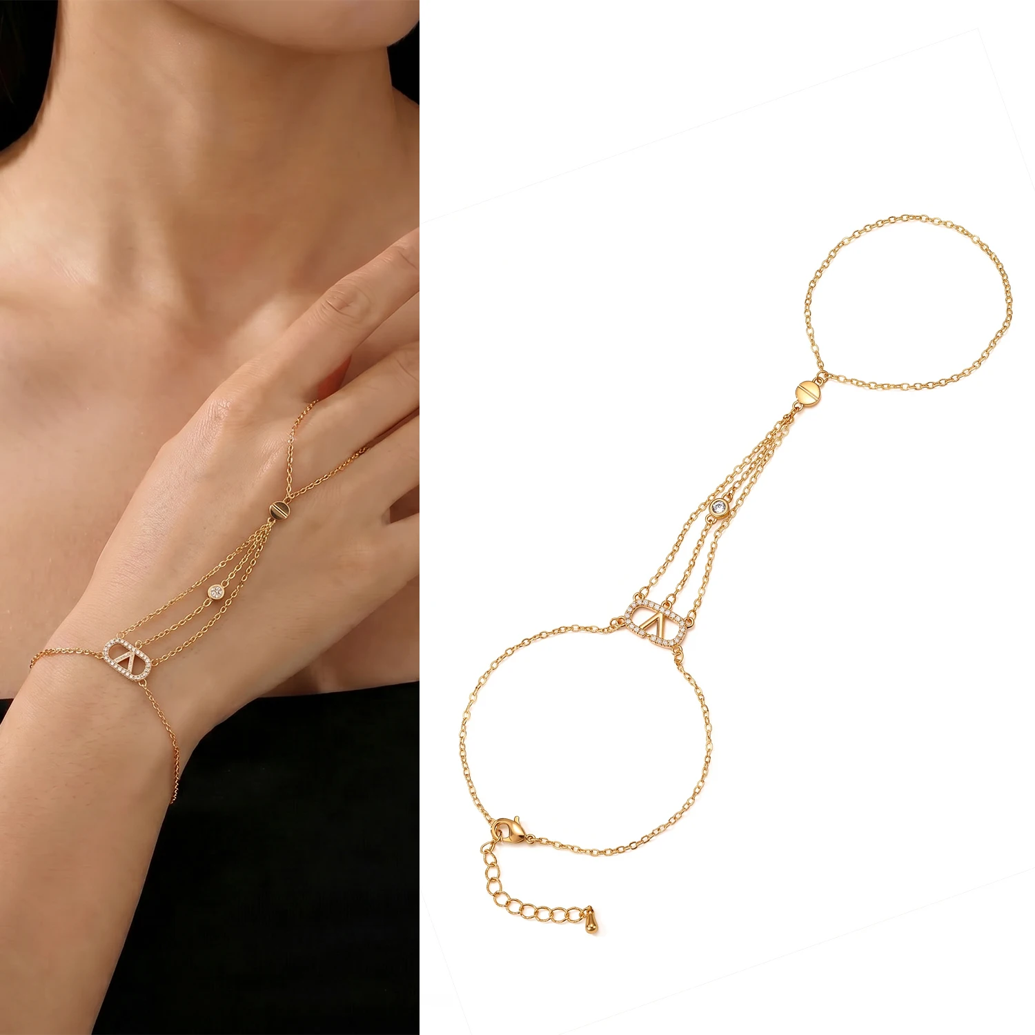 Super shiny handback chain ring with integrated finger chain. Full diamond star-shaped bracelet. High-end and simple design.
Super shiny handback chain ring with integrated finger chain. Full diamond star-shaped bracelet. High-end and simple design.