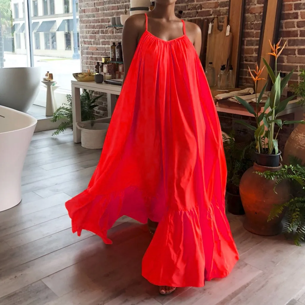 Brand Ruffle Big Swing Dress Women Solid Strap Dress Backless Beach Summer Dress Loose Pocket Vintage Dresses vestido de mujer
Brand Ruffle Big Swing Dress Women Solid Strap Dress Backless Beach Summer Dress Loose Pocket Vintage Dresses vestido de mujer