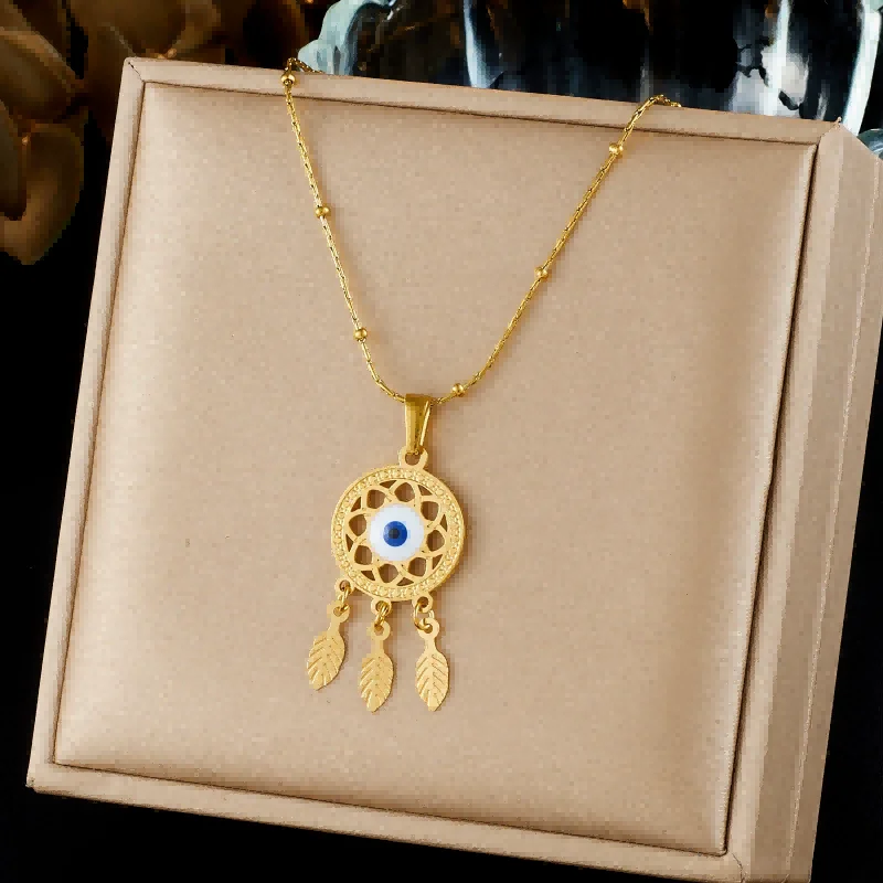 18K Gold Evil Eye Dreamcatcher Pendant Necklace 316L Stainless Steel Beaded Satellite Chain Bohemian Leaf Tassel Women Jewelry
18K Gold Evil Eye Dreamcatcher Pendant Necklace 316L Stainless Steel Beaded Satellite Chain Bohemian Leaf Tassel Women Jewelry