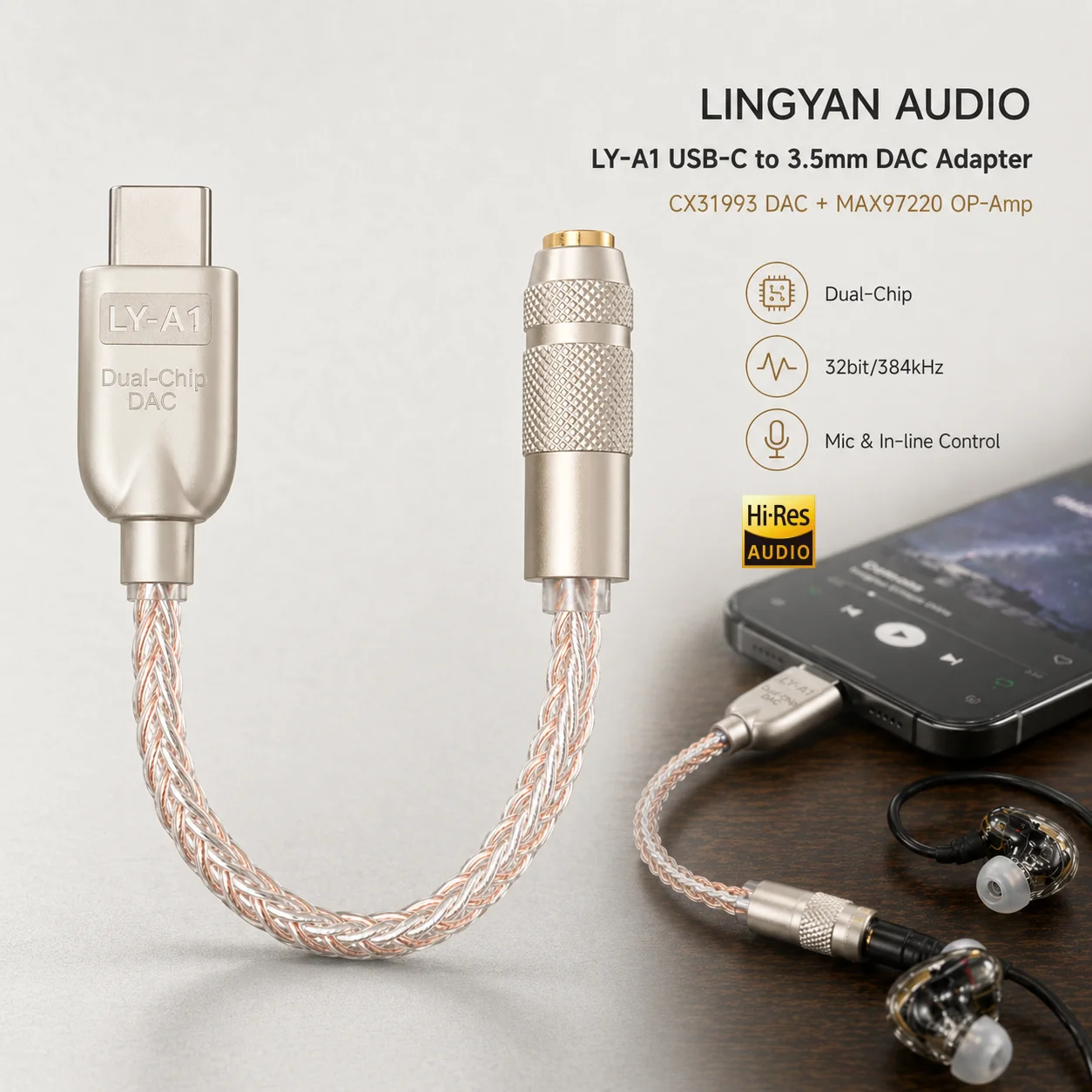 LY-A1 High-Fidelity USB-C DAC Adapter, CX31993 DAC+MAX97220 AMP Dual Chip Music Upgrade for Phones&Laptops Earphones Compatible
LY-A1 High-Fidelity USB-C DAC Adapter, CX31993 DAC+MAX97220 AMP Dual Chip Music Upgrade for Phones&Laptops Earphones Compatible
