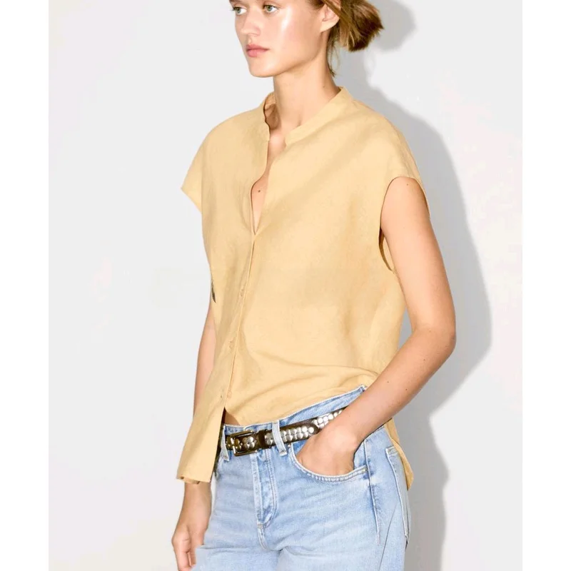 MD, новый летний женский коврик в консервативном стиле, смесь льна с v-образным вырезом, топ Svel irt, прямой крой, обычная длина 
MD, новый летний женский коврик в консервативном стиле, смесь льна с v-образным вырезом, топ Svel irt, прямой крой, обычная длина