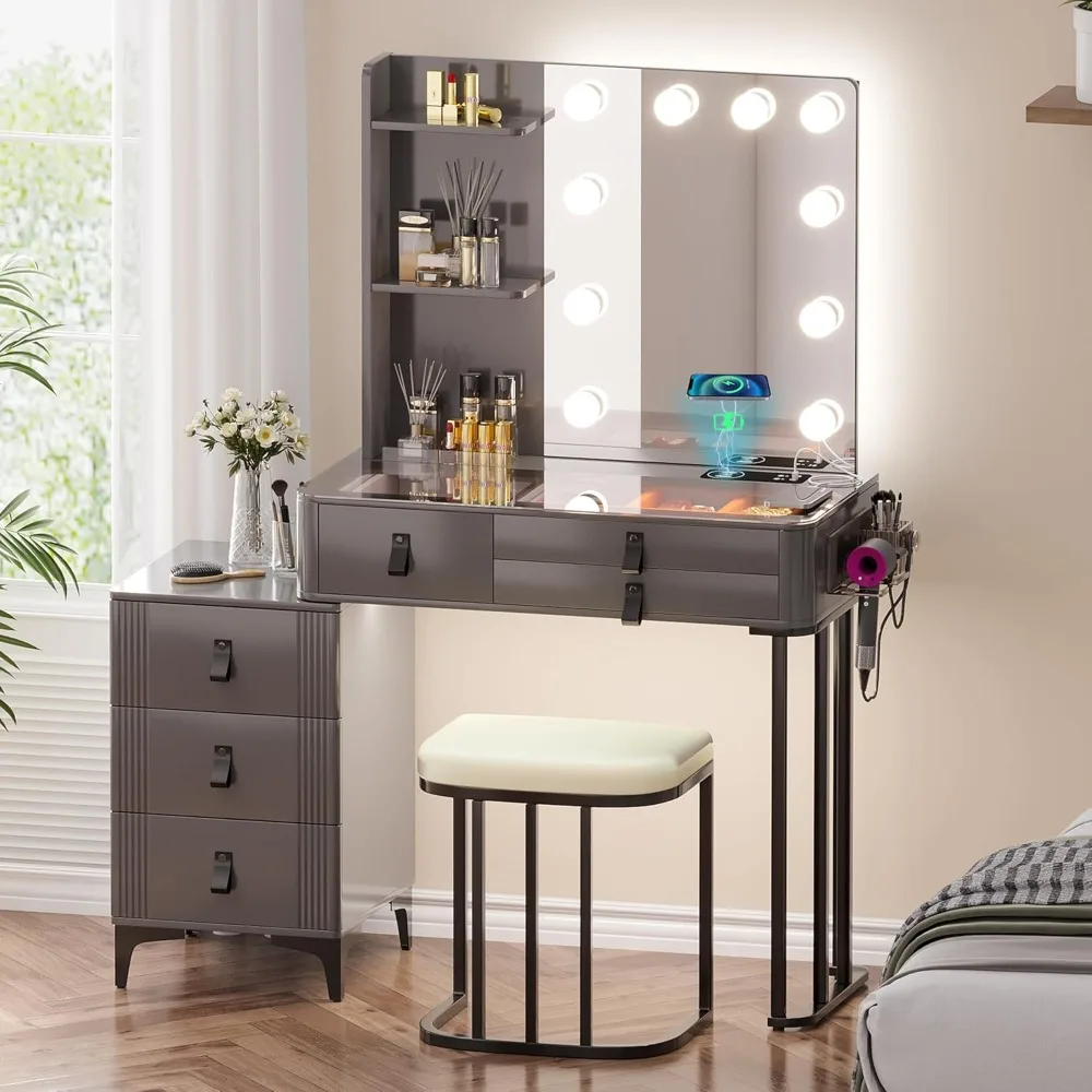 Dressers with Mirror, Modern Makeup Vanity with Glass Top and 10 Light Bulbs, Vanity Set with Storage Shelves and 6 Drawers
Dressers with Mirror, Modern Makeup Vanity with Glass Top and 10 Light Bulbs, Vanity Set with Storage Shelves and 6 Drawers