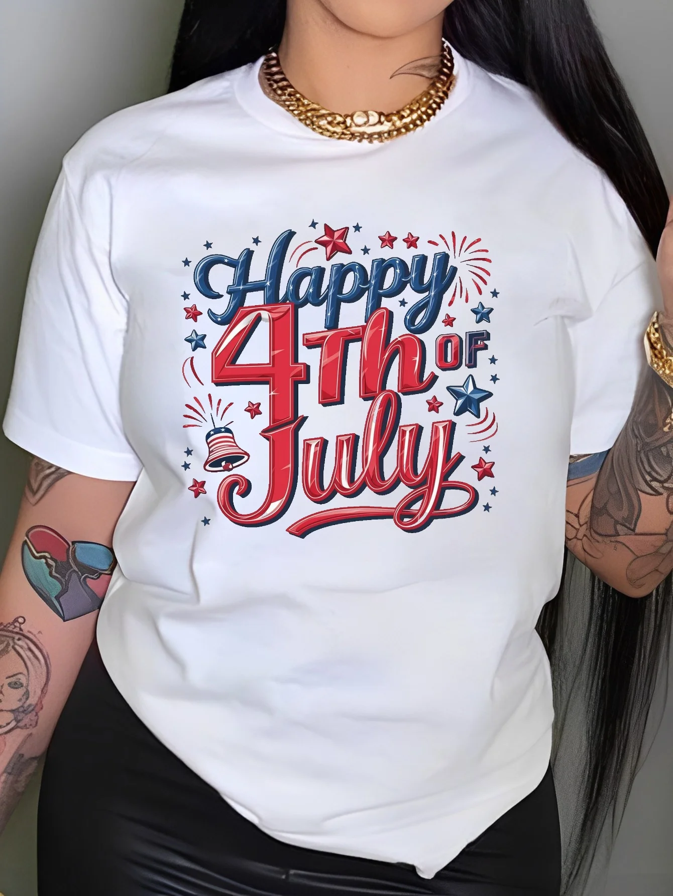 Plus Size Women's July 4th Patriotic T-Shirt - Happy Independence Day Print with Stars, Stripes & Fireworks
Plus Size Women's July 4th Patriotic T-Shirt - Happy Independence Day Print with Stars, Stripes & Fireworks