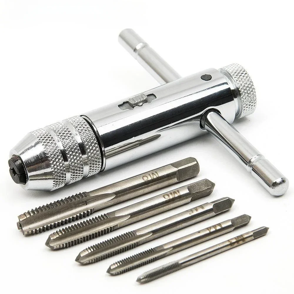 Adjustable Silver T-Handle Ratchet Holder Wrench with 5pcs M3-M8 3mm-8mm Machine Screw Thread Metric Plug T-shaped Tap
Adjustable Silver T-Handle Ratchet Holder Wrench with 5pcs M3-M8 3mm-8mm Machine Screw Thread Metric Plug T-shaped Tap