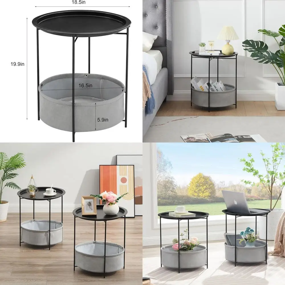 Black Metal Rust-Resistant & Waterproof Side Table with Fabric Basket, Removable Tray, Ideal for Living Room, Balcony, Laundry -
Black Metal Rust-Resistant & Waterproof Side Table with Fabric Basket, Removable Tray, Ideal for Living Room, Balcony, Laundry -