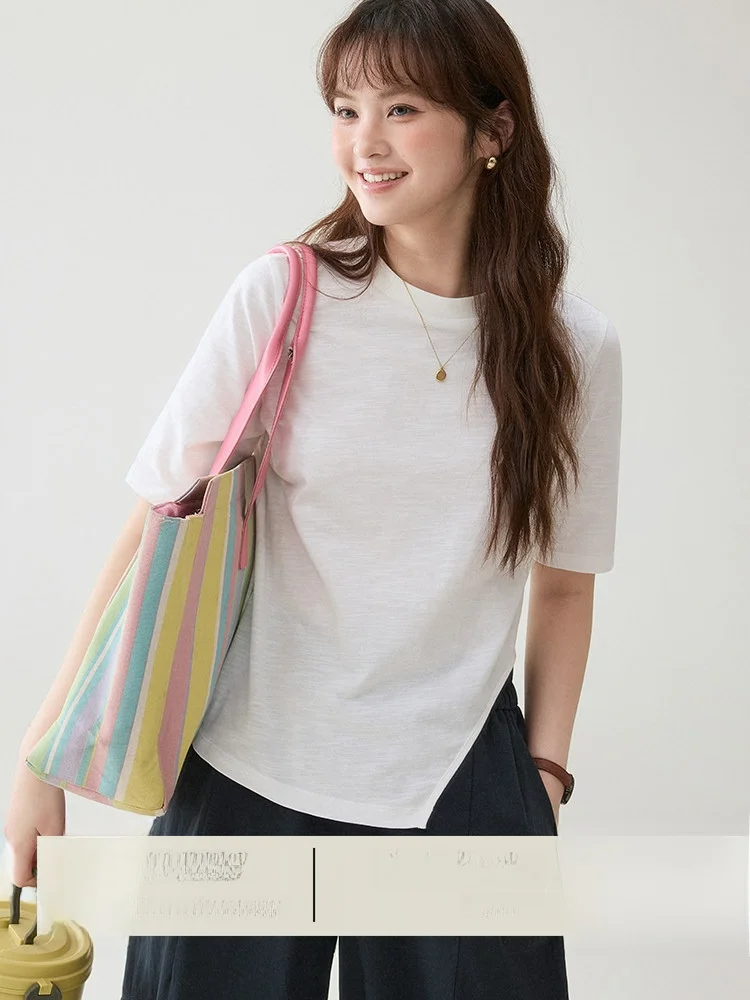 AMUU Original White Pure Cotton T-Shirt Women's Summer New Short Sleeve round Neck Side Slit Loose Fit Commute Style Top
AMUU Original White Pure Cotton T-Shirt Women's Summer New Short Sleeve round Neck Side Slit Loose Fit Commute Style Top