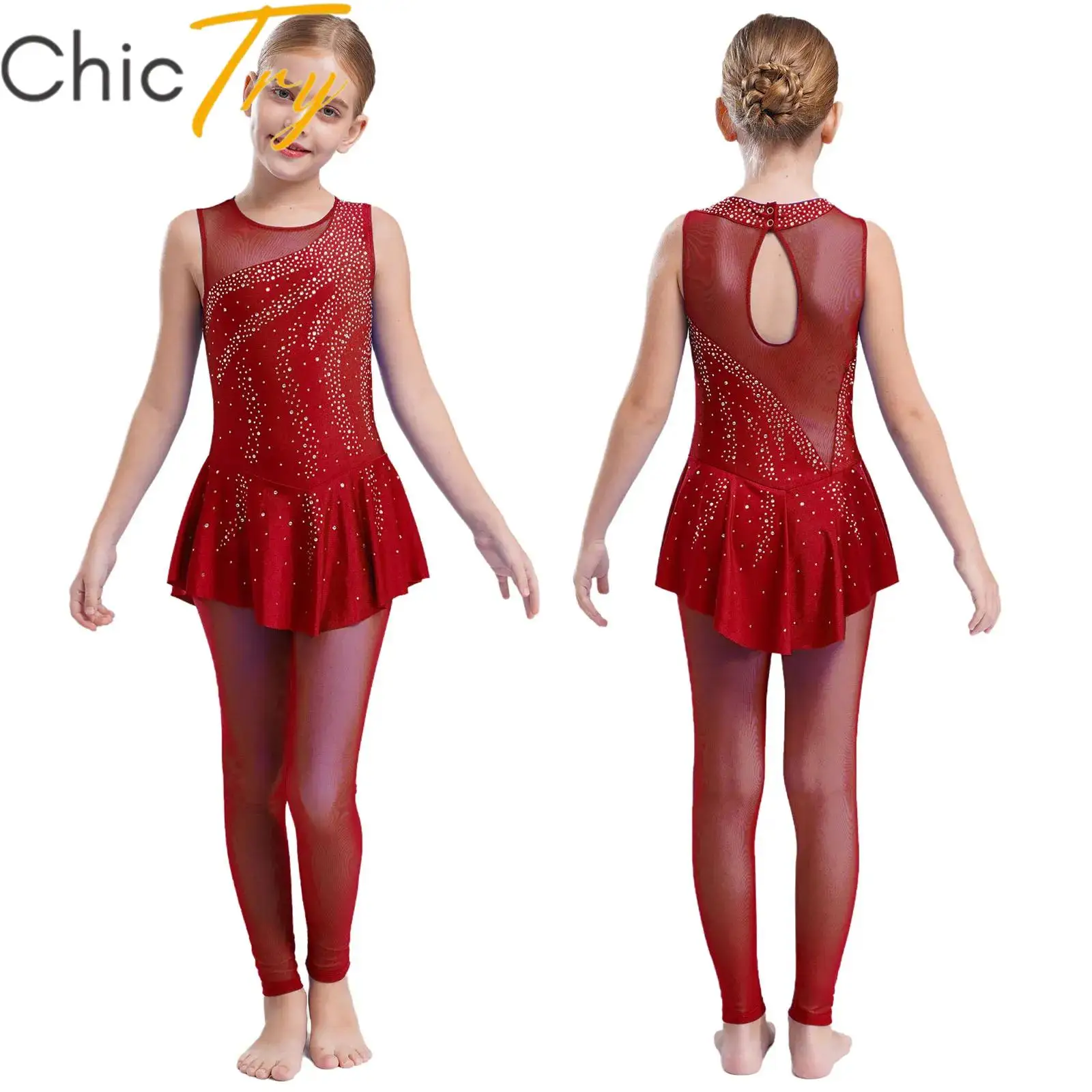 Kids Girls Rhinestones Jumpsuit Sleeveless Keyhole Back Ballet Gymnastics Workout Leotard Skirted Bodysuit for Stage Performance
Kids Girls Rhinestones Jumpsuit Sleeveless Keyhole Back Ballet Gymnastics Workout Leotard Skirted Bodysuit for Stage Performance