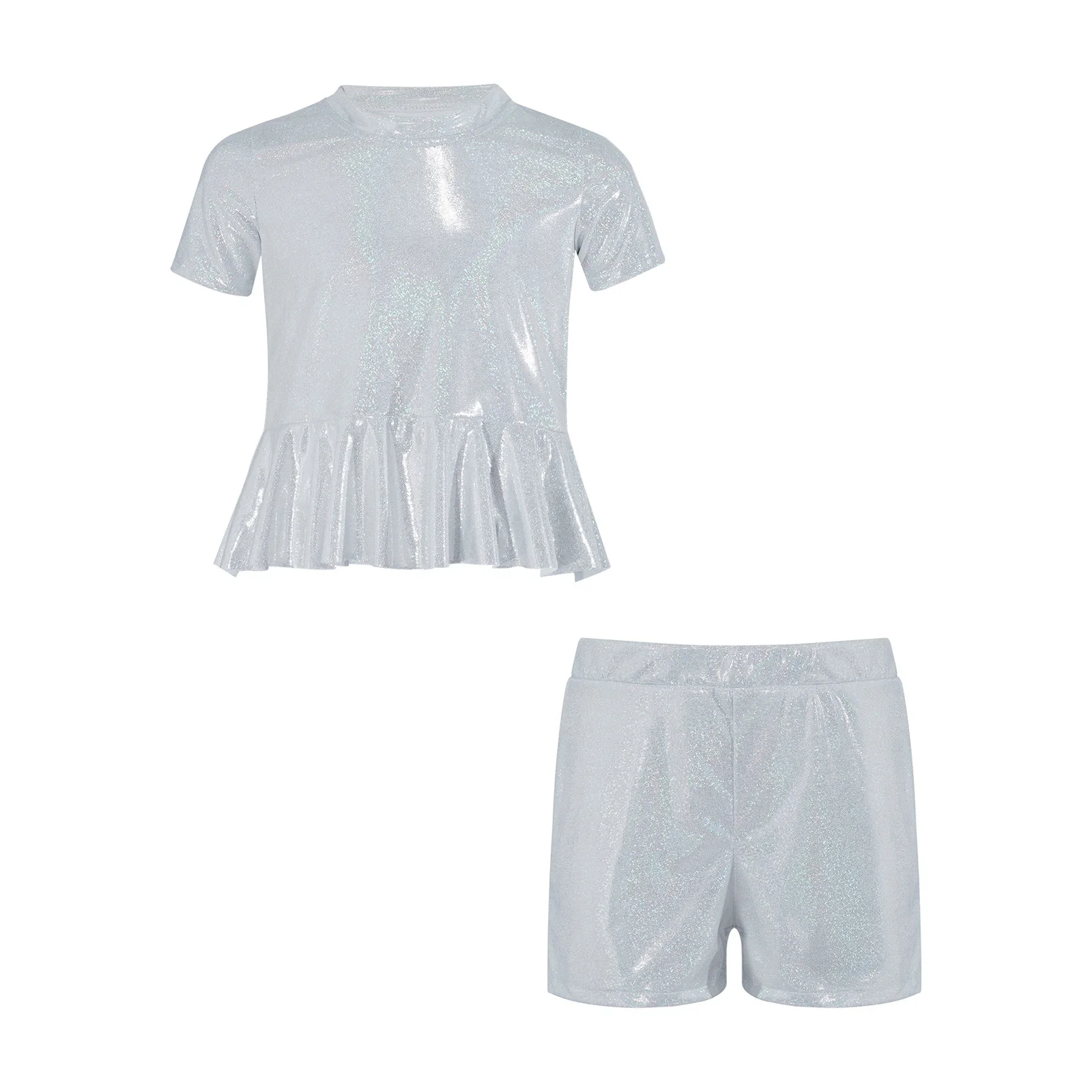 Girls Metallic Peplum Dance Set Short Sleeve Round Neck Crop Top with Shorts/Skirts for Cheerleading Jazz Skating Performance
Girls Metallic Peplum Dance Set Short Sleeve Round Neck Crop Top with Shorts/Skirts for Cheerleading Jazz Skating Performance