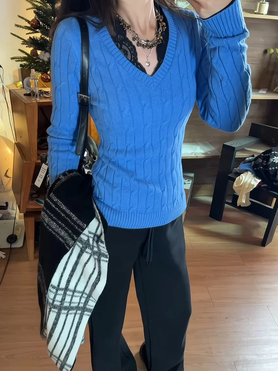 Royal Blue Twisted Flower Sweater Woman Autumn V-neck Long Sleeve Slim Pullover Top Female Casual Simple Preppy Style Jumpers
Royal Blue Twisted Flower Sweater Woman Autumn V-neck Long Sleeve Slim Pullover Top Female Casual Simple Preppy Style Jumpers
