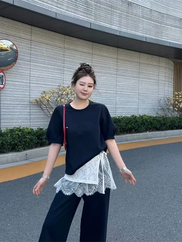 Korean Style Casual Short Sleeve T-Shirt Lace Wide Leg Pants Set Women Summer plus Size Comfortable Three Piece Set
Korean Style Casual Short Sleeve T-Shirt Lace Wide Leg Pants Set Women Summer plus Size Comfortable Three Piece Set