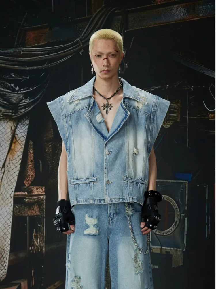 New Style Business Suit Collar Design Fashionable High Street Distressed Broken Hole Washing Denim Vest Coat For Man
New Style Business Suit Collar Design Fashionable High Street Distressed Broken Hole Washing Denim Vest Coat For Man