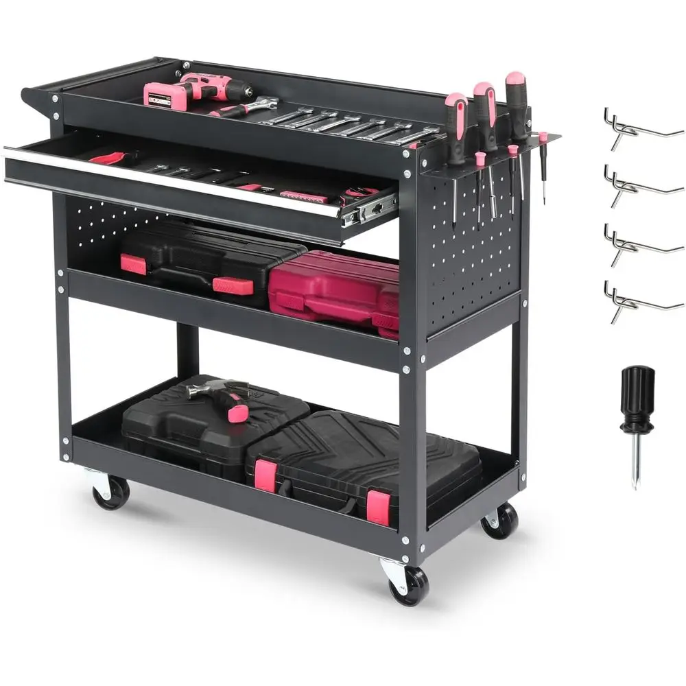 3 Tier Steel Rolling Tool Cart with Ders & Pegboard, 330lb acity, Heavy Duty Service Tool Cart on Wheels, Black
3 Tier Steel Rolling Tool Cart with Ders & Pegboard, 330lb acity, Heavy Duty Service Tool Cart on Wheels, Black